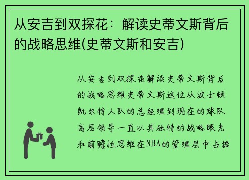 从安吉到双探花：解读史蒂文斯背后的战略思维(史蒂文斯和安吉)