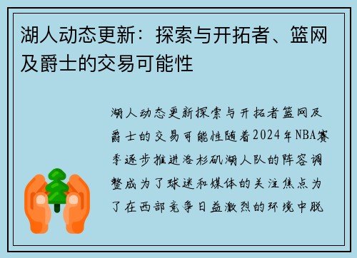 湖人动态更新：探索与开拓者、篮网及爵士的交易可能性