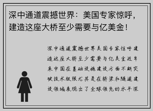 深中通道震撼世界：美国专家惊呼，建造这座大桥至少需要与亿美金！