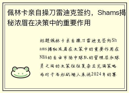 佩林卡亲自操刀雷迪克签约，Shams揭秘浓眉在决策中的重要作用